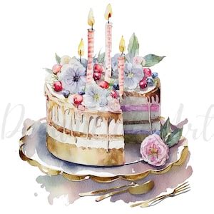 11 Colorful Birthday Cake Clipart High Quality Jpgs Digital Planner, Junk Journaling, Watercolor ...