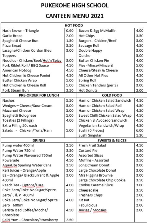 Canteen Menu - Pukekohe High School