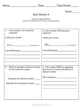 Identify Rational and Irrational Numbers Quiz Multiple Versions | TPT