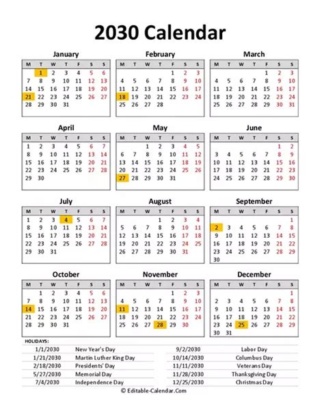 2030 Calendar with US holidays, Editable in Excel, Word, PDF