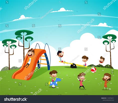 Children Playing Playground Cartoon Vector Illustration: เวกเตอร์สต็อก ...