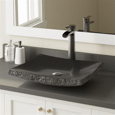 MR Direct Black Granite Granite Vessel Rectangular Bathroom Sink with Faucet (Drain Included) at ...