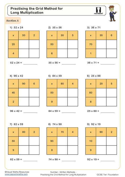 Practising the Grid Method for Long Multiplication Worksheet | Printable PDF Worksheets