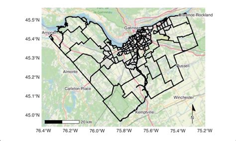 Map of Ottawa, Ontario. Black outlines show Ottawa's city boundaries... | Download Scientific ...