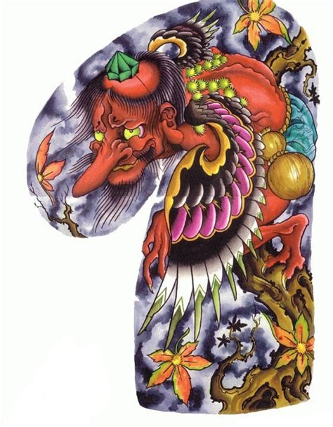 Colorful red-skin winged demon sitting on maple tree tattoo design - Tattooimages.biz