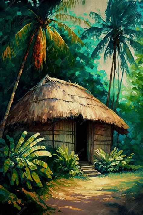 Premium Photo | Painting of a hut with a thatched roof generative ai