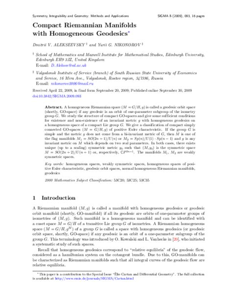 (PDF) Compact Riemannian Manifolds with Homogeneous Geodesics | Дмитрий (Dmitri) Алексеевский ...