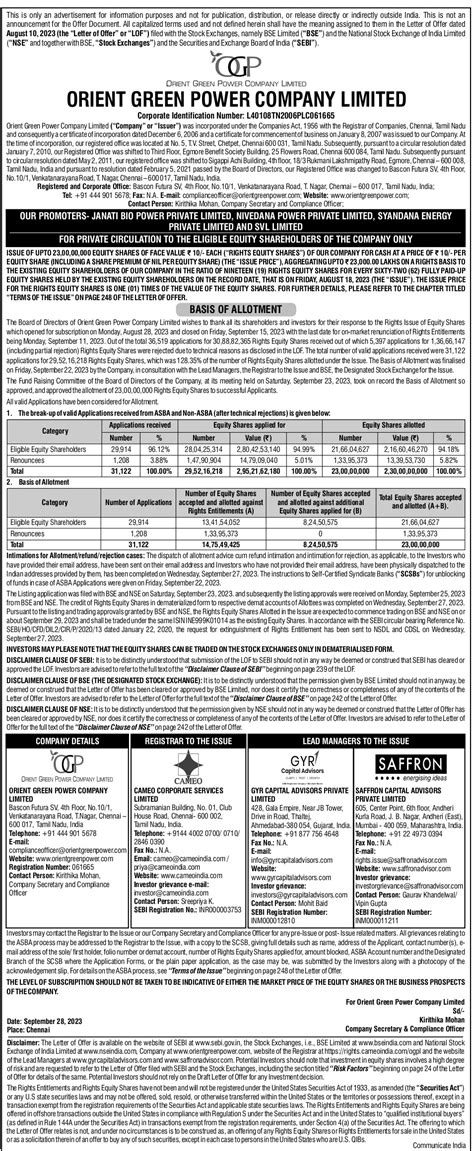 Orient Green Power Rights Issue 2023 Basis of Allotment Status