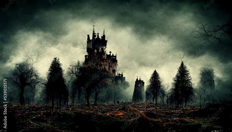 Dark gothic creepy castle with dead trees in hollow fantasy landscape ...