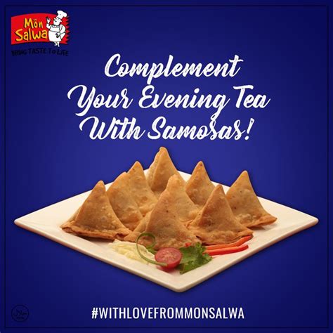 three samosas on a plate with the words complement your evening tea ...