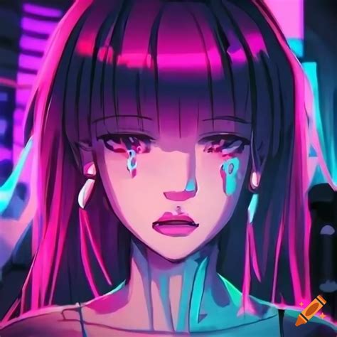 Anime girl with outrun aesthetic crying on Craiyon