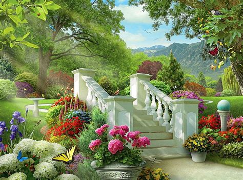 Way to the Garden, flowers, nature, butterfly, trees, HD wallpaper | Peakpx