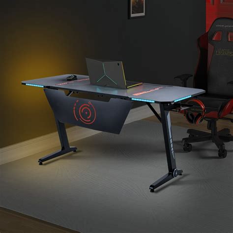 Gaming Desk Large Computer Table, Home Office PC Computer Desk with RGB LED Lights, Headphone ...