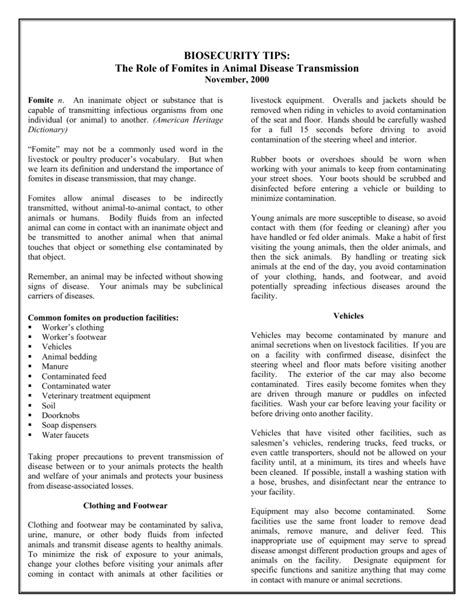 The Role of Fomites in Animal Disease Transmission