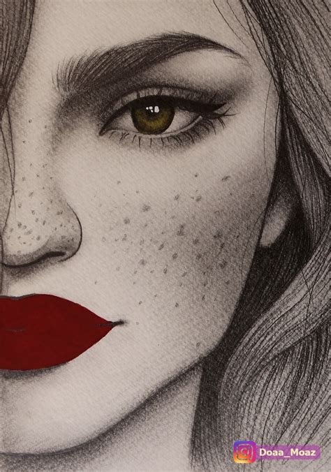 a pencil drawing of a woman's face with red lipstick on her cheek and freckled hair