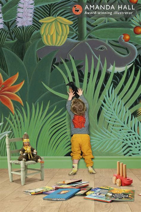 Rousseau jungle style wall mural wallpaper in kid’s playroom with boy ...