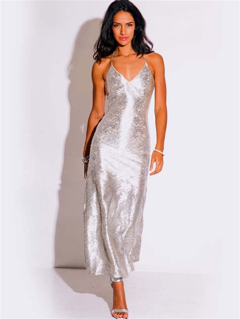 LIGHT SILVER METALLIC FORMAL EVENING DRESS - ModishOnline.com