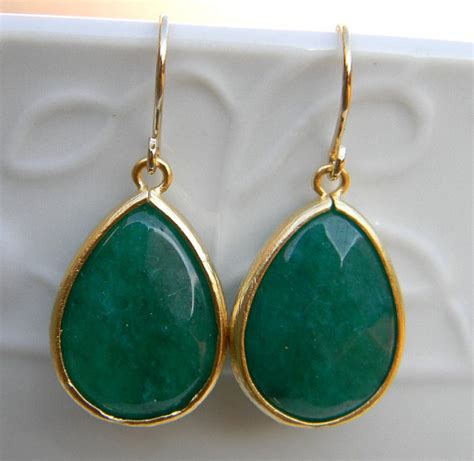 Emerald Green Earrings Trimmed In Gold-Dangle Earrings-Jewel Drop Earrings -Bridal-Wedding ...