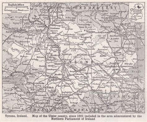 Vintage Map of Tyrone, Ireland 1930s. Stock Illustration - Illustration of parliament, counties ...