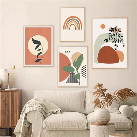 Modern Abstract Boho Style Leaves Geometric Canvas Painting Poster Print Wall Art Picture ...