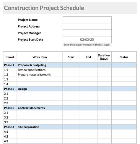 Renovation Schedule Template Excel