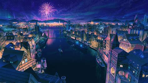 Anime, City, Night, Fireworks, Scenery, 4K, #182 Wallpaper PC Desktop