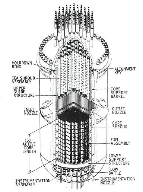 Schematic cut-away diagram of a PWR reactor vessel showing the various ...