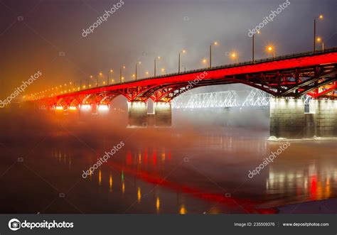 Night View Road Bridge Railway Bridge Yenisei River Russia Krasnoyarsk ...