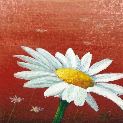 a painting of a white daisy on a red background with grass and flowers in the foreground