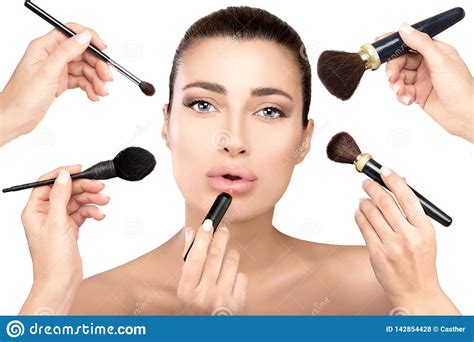 Beauty Model with Makeup Brushes in Make Up Process Stock Photo - Image of artist, applying ...