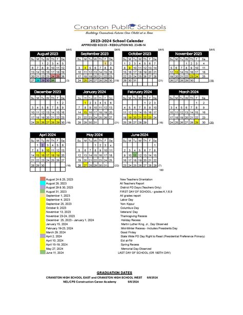 Cranston Public Schools Calendar 2023-2024 in PDF