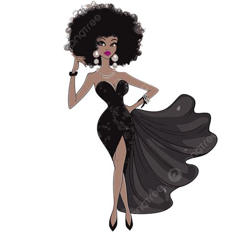 Black Diva Vector, Sticker Clipart Black Woman In An Elegant Black Dress With Her Afro Cartoon ...