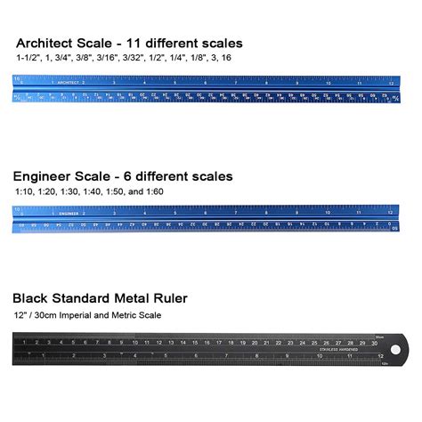 OwnMy 3 Pack 12 Inch Solid Aluminum Triangular Architect Scale Ruler Set, Architectural and ...