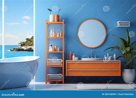 Blue Modern and Crazy 3D Rendering of the Bathroom. There is a Shelf for Toiletries. Sinks and ...