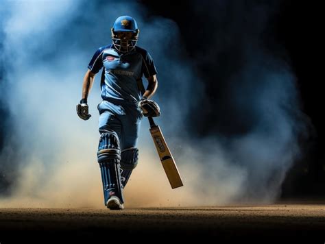 Premium Photo | A cricket player walking on the ground in a blue jersey