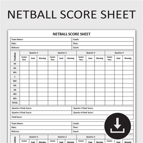 Printable Netball Score Sheet, Netball Game Tracker, Netball | Inspire ...