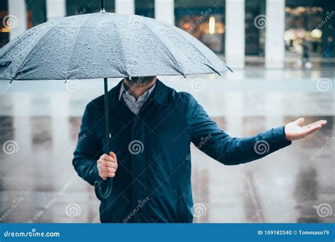 Man Walking in the City with Umbrella on Rainy Day Stock Photo - Image ...