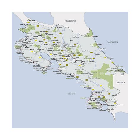 Detailed map of Costa Rica with cities, national parks and other marks ...