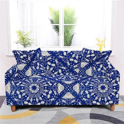 Boho Sofa Cover Blue And White L Shape Porcelain Sectional Elastic ...