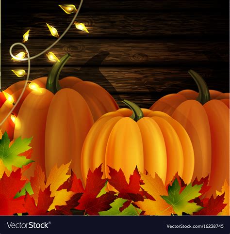 Autumn leaves and pumpkins on wooden texture Vector Image