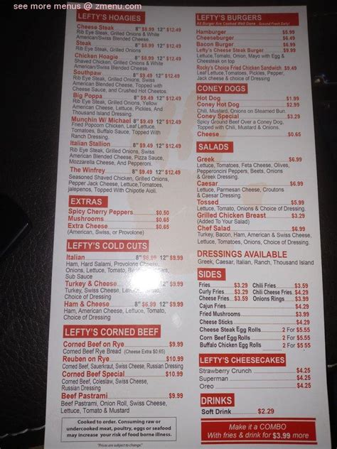 Menu at Lefty's Cheesesteak Hoagies restaurant, Woodhaven