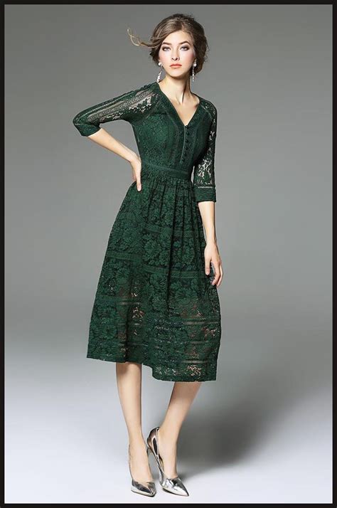 Dark Green Lace Dress 3/4 Sleeves V-neck A-line 2017 Spring Long Dresses In Stock Ladies Formal ...