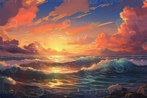 an anime painting of the ocean at sunset. Generative AI 30599328 Stock ...