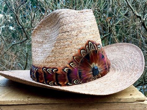 Western feather hat band on leather Wild Turkey feathers & | Etsy ...