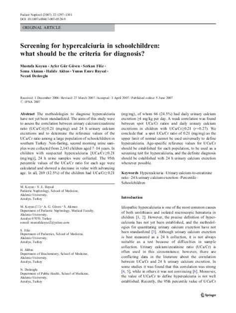 (PDF) Screening for hypercalciuria in schoolchildren: what should be the criteria for diagnosis ...