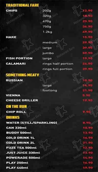 Menu at Fish and Chips, Soweto, Jabulani Mall