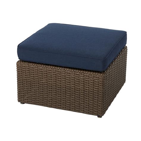 Hampton Bay Maldives Brown Wicker Outdoor Ottoman with Sunbrella Navy Cushion-710.180.006 - The ...