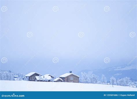 Winter Log Cabins in Snow Landscape in Norway Stock Photo - Image of ...