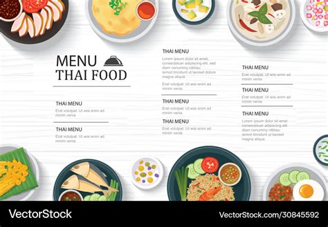 Thai food menu restaurant on a white wooden table Vector Image