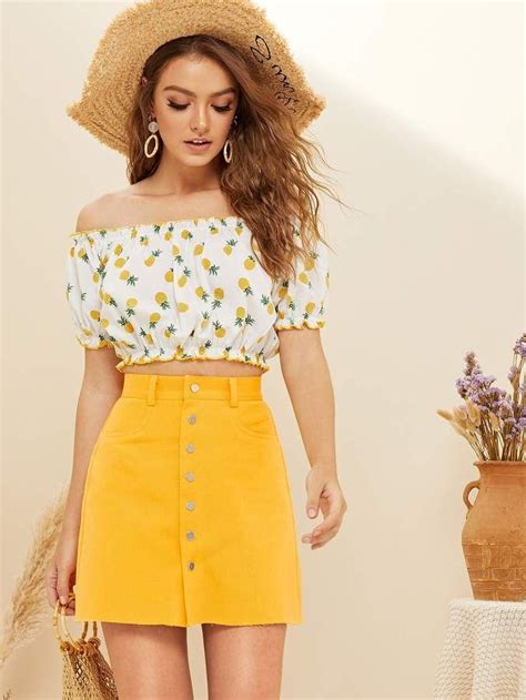 Shein Frilled Off Shoulder Pineapple Print Crop Top | Crop top outfits ...